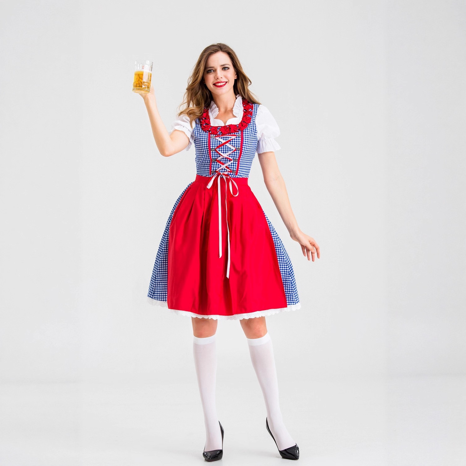 Beer & Wine Grab - Women German Dirndl Dress Plaid Check